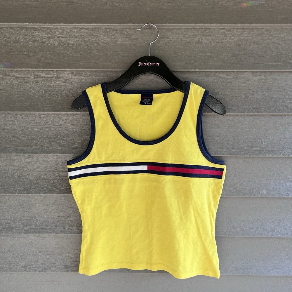 Vintage Tommy Jeans Tank Top Womens XL Yellow Flag Stripe 90s Y2K Hilfiger